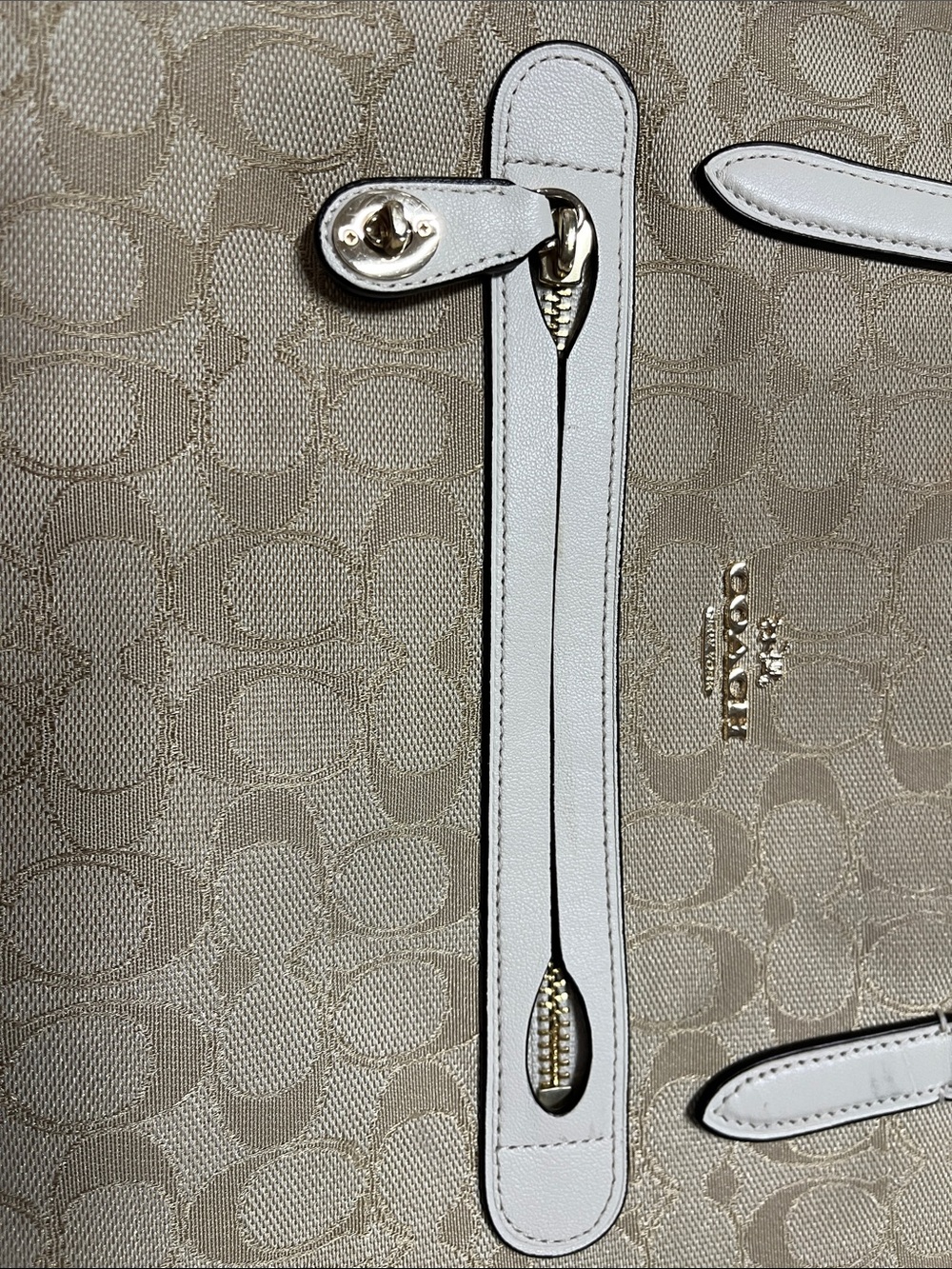 COACH Vintage Signature Jacquard Taylor Tote Gold Khaki Chalk Leather Trim